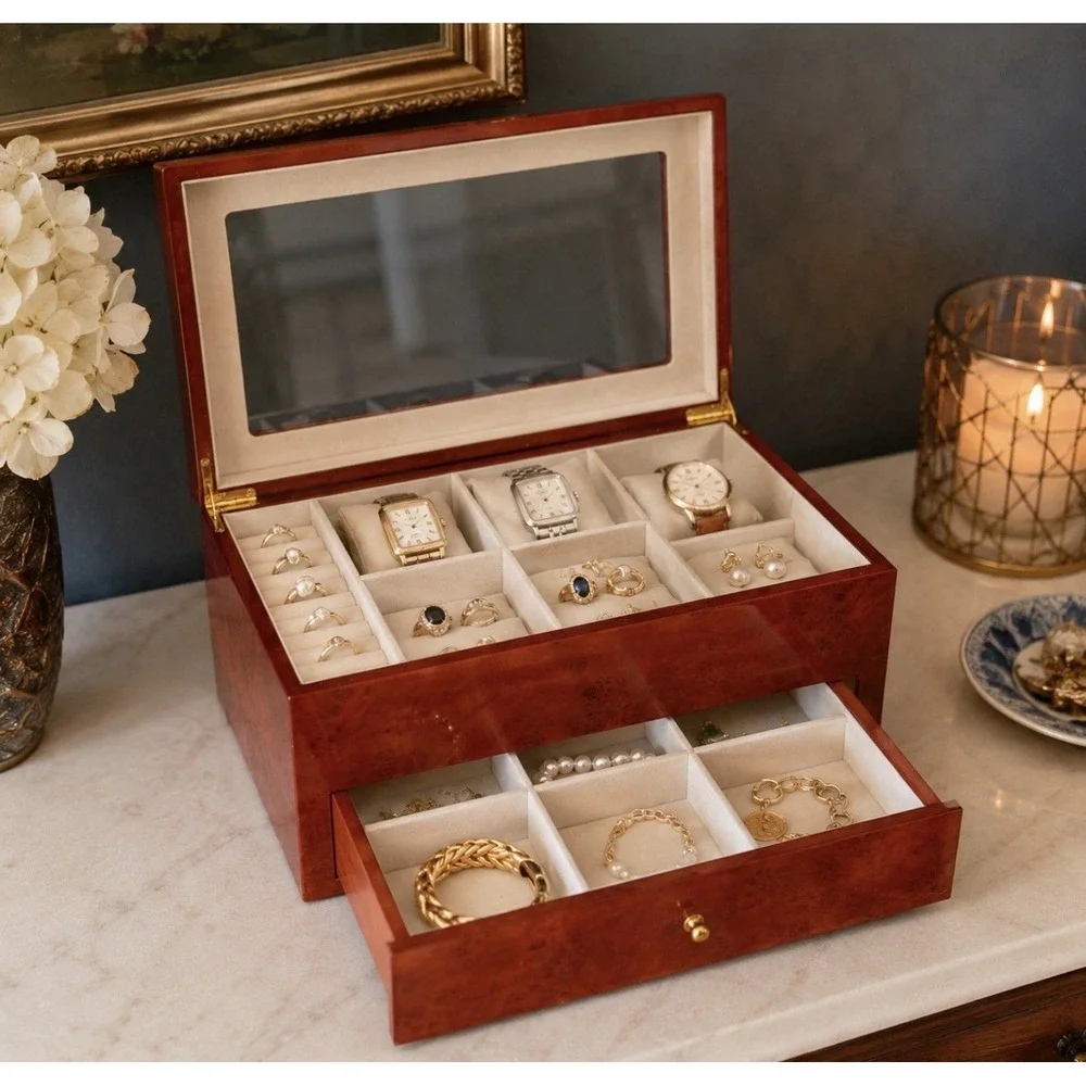 Vintage Burl Wood Jewelry Box Chest High Gloss Tortoise Shell Glass Tabletop